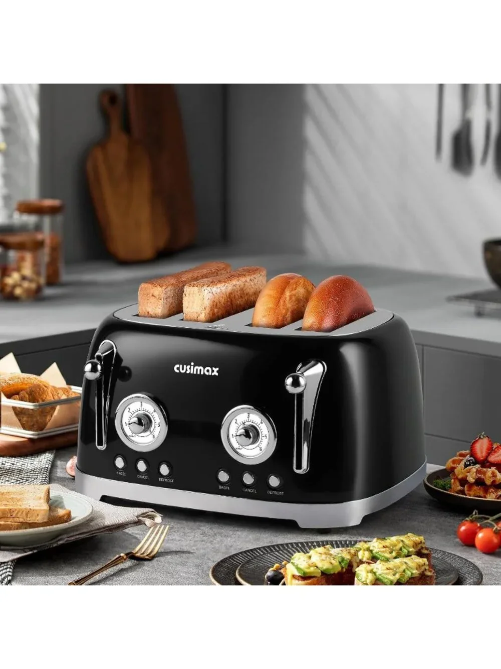 4 Slice Black Stainless Steel Retro Defrost Toaster with Wide Slots for Bagels